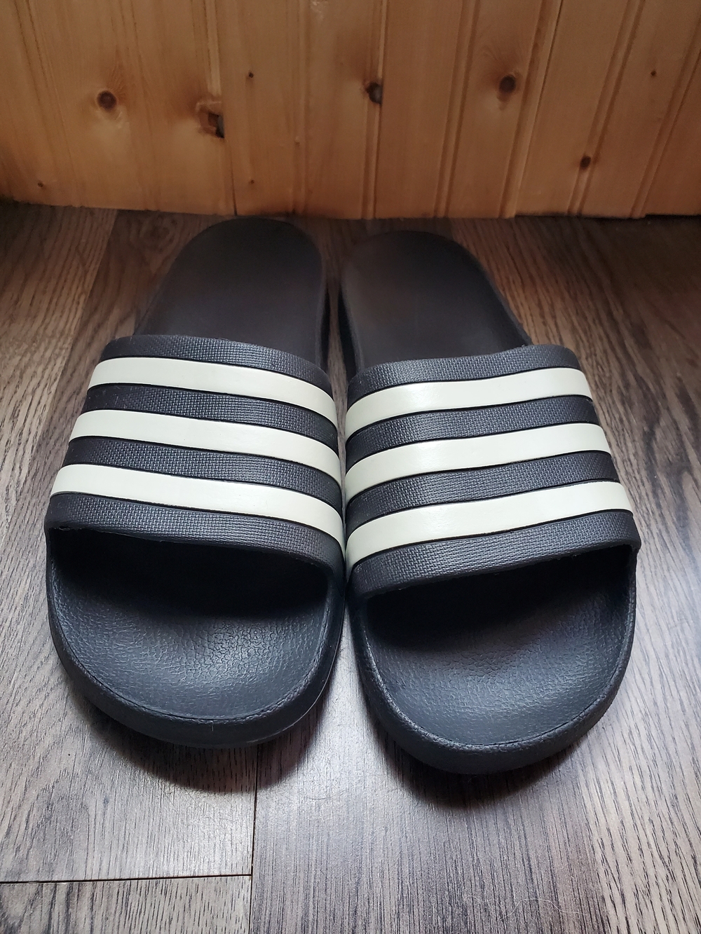 ADIDAS Black Slide Sandals with White Stripes